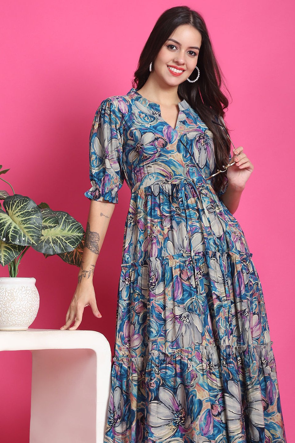 Blue Color Floral Printed Premium Chanderi Dress For Women