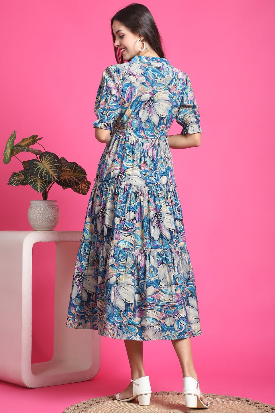 Blue Color Floral Printed Premium Chanderi Dress For Women