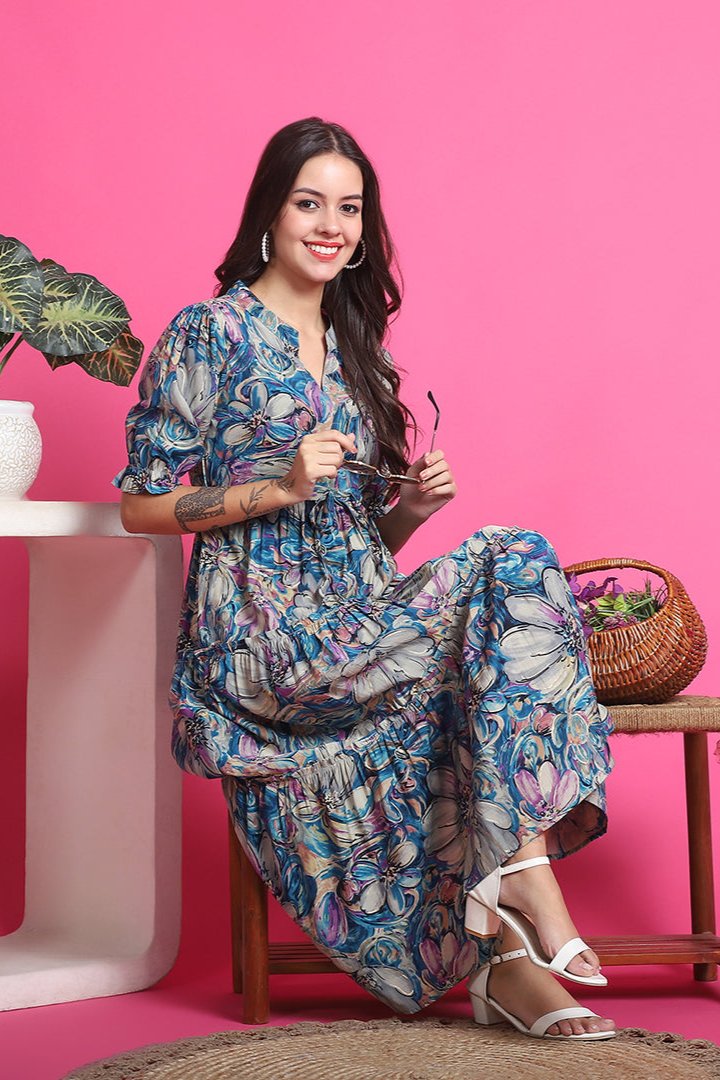 Blue Color Floral Printed Premium Chanderi Dress For Women