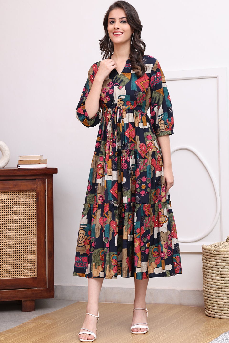 Black Color Abstract Printed Ethnic Chanderi Premium Dress For Women