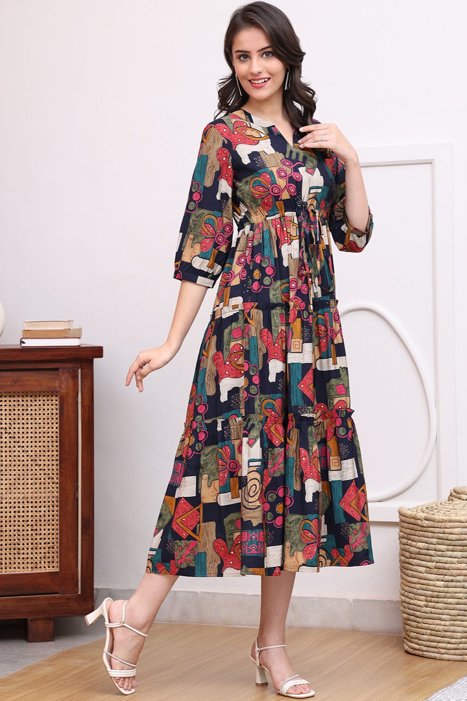 Black Color Abstract Printed Ethnic Chanderi Premium Dress For Women