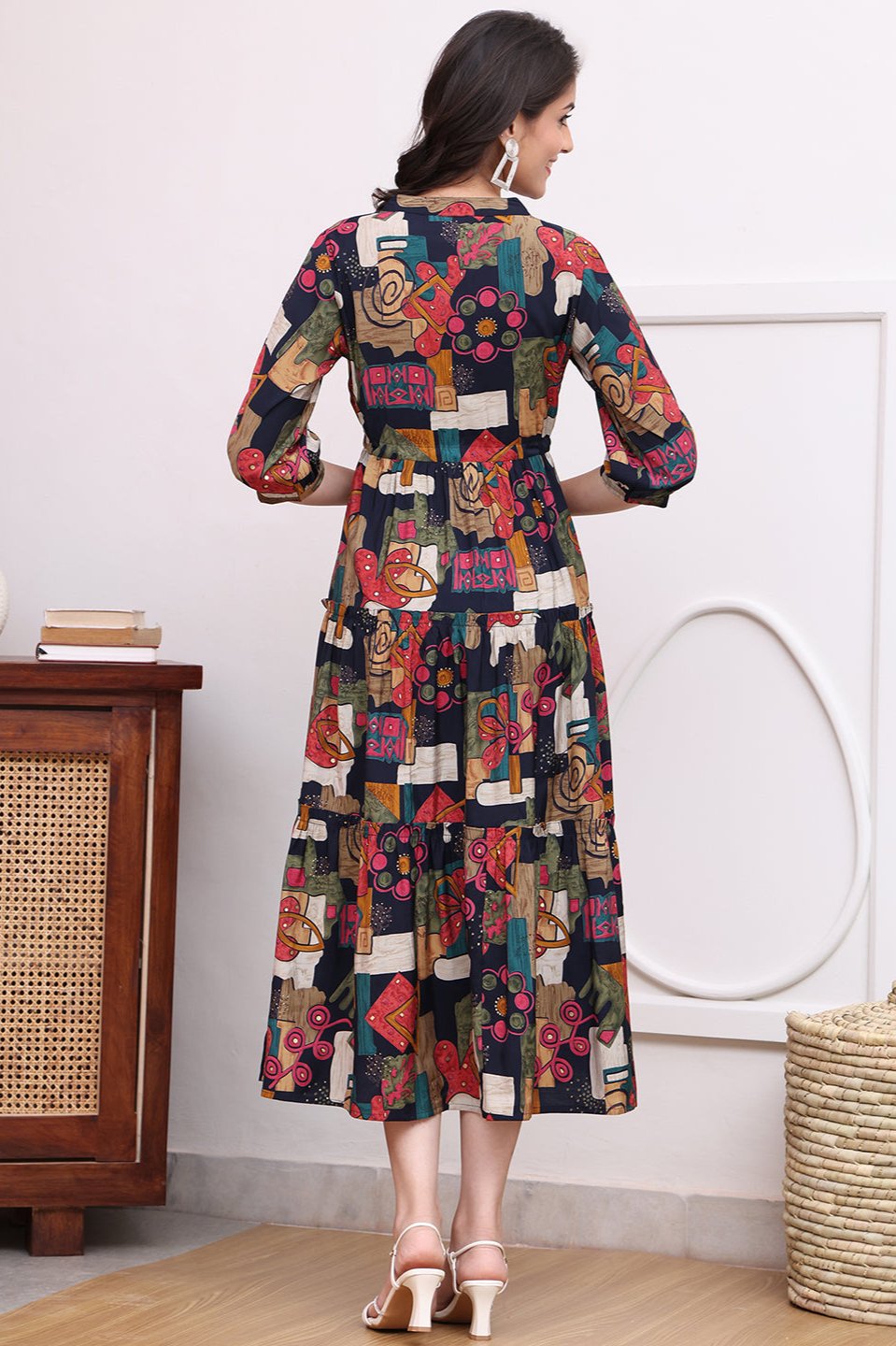 Black Color Abstract Printed Ethnic Chanderi Premium Dress For Women