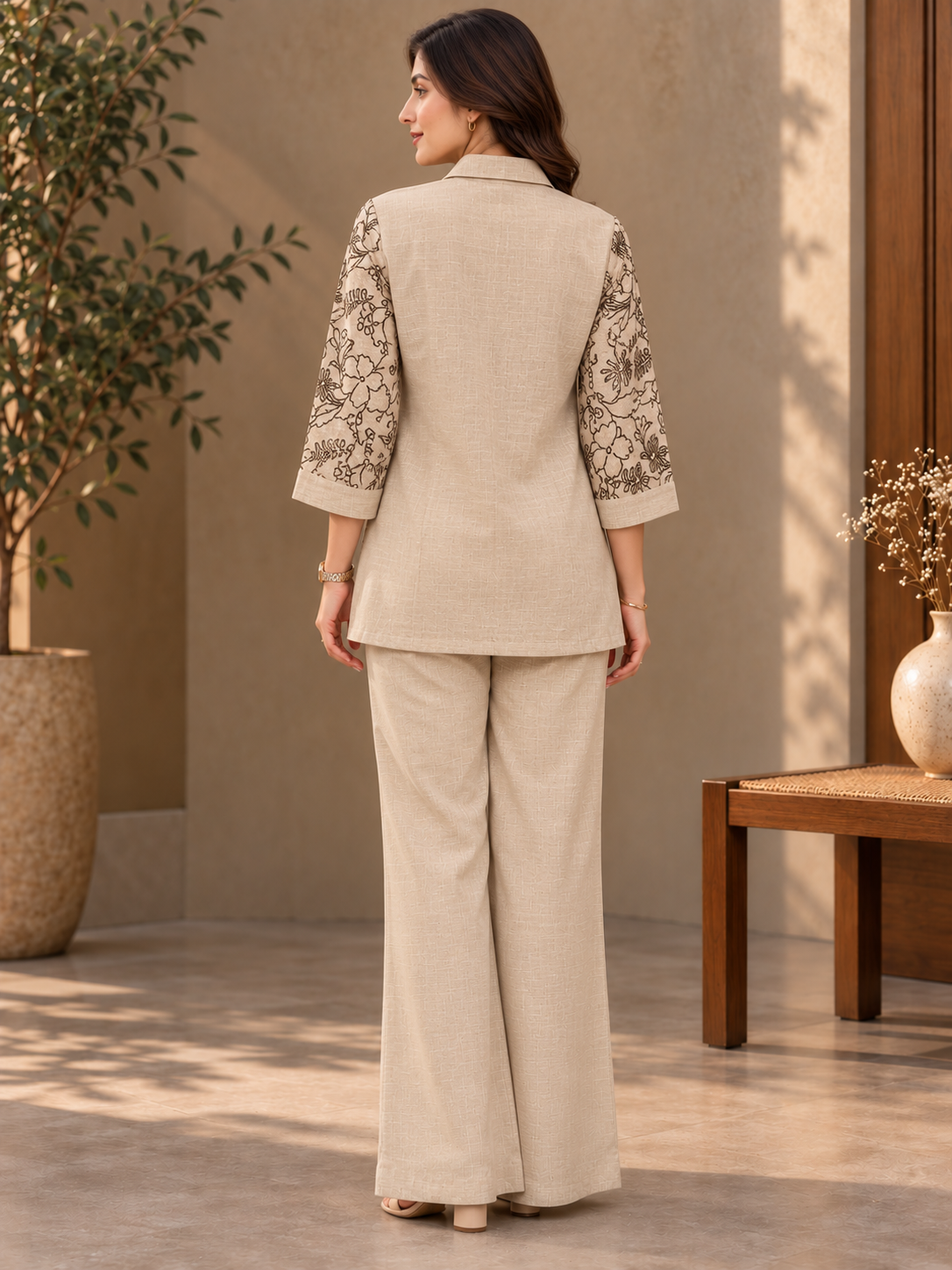 Cream & Brown Floral Embroidered Linen Tunic with Straight-Leg Palazzo Set
