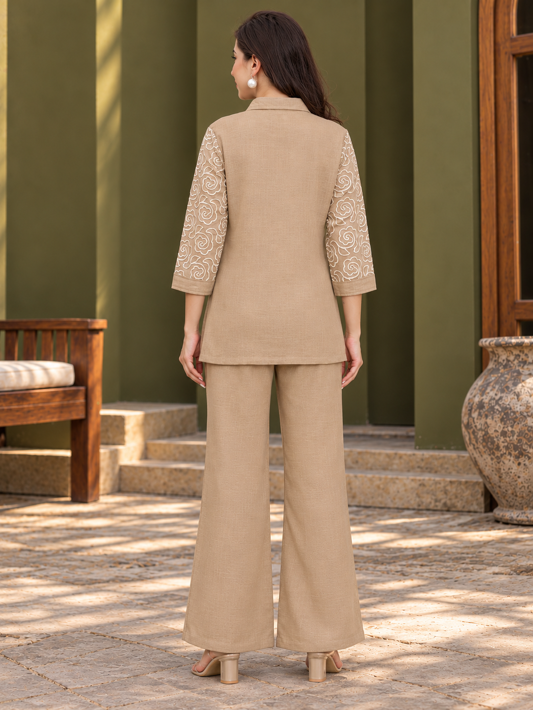 Cream Linen Embroidered Shirt with Solid Palazzos Co-Ord Set | Claura
