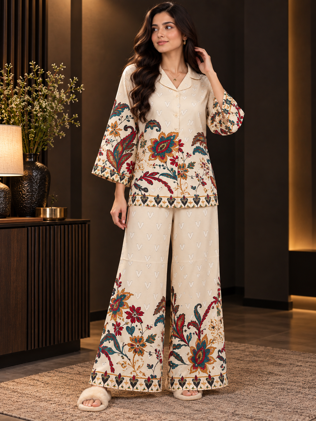 White Botanical Print Shirt Collar Night Suit For Women | Claura