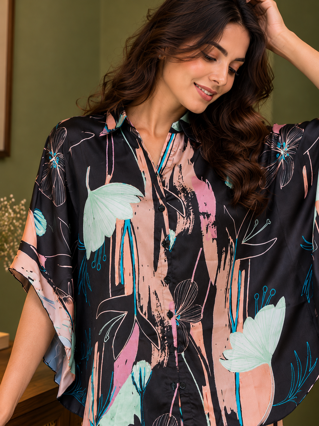 Black Abstract Satin Night Suit for Women – 3/4 Sleeve | Claura