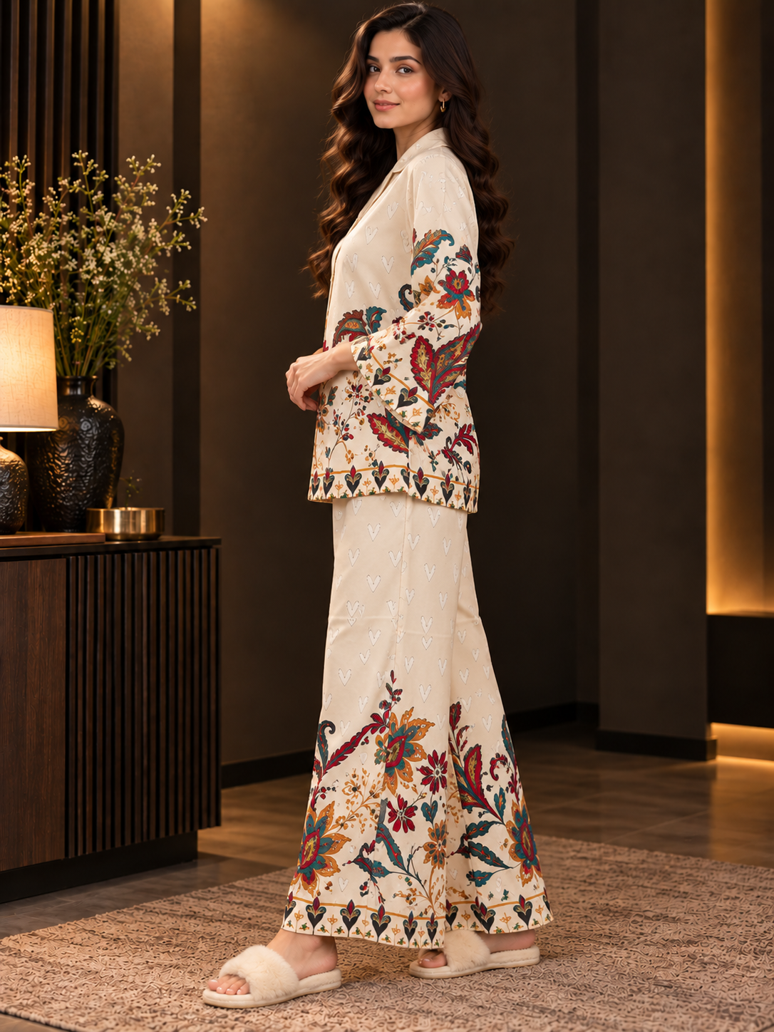 White Botanical Print Shirt Collar Night Suit For Women | Claura