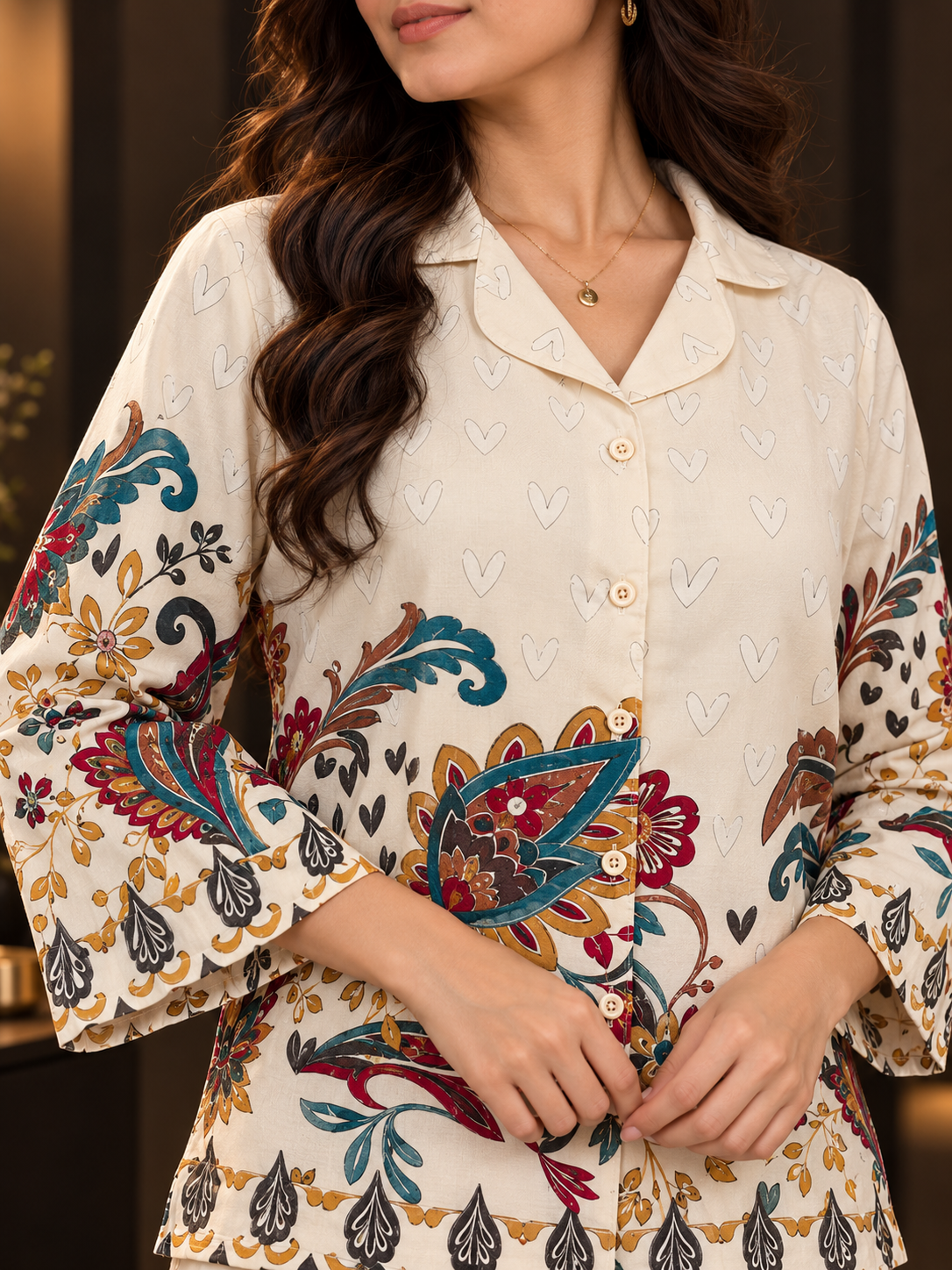 White Botanical Print Shirt Collar Night Suit For Women | Claura
