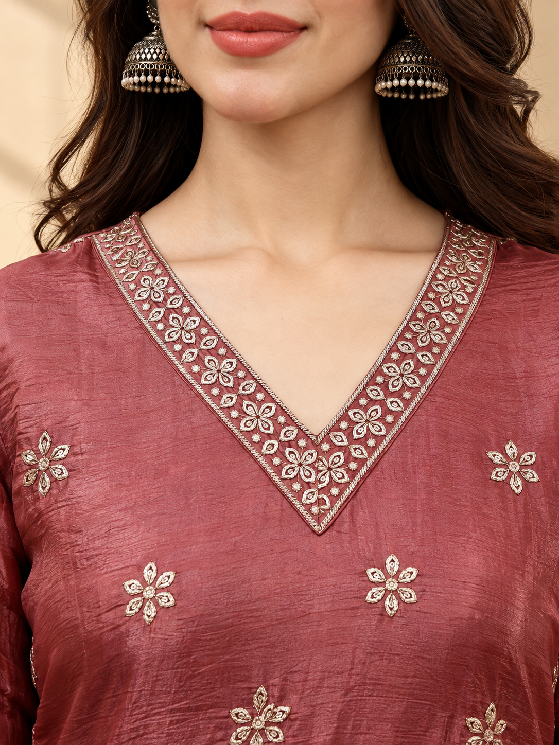 Burgundy Bloom Embroidered Silk Suit Set with Dupatta | Claura