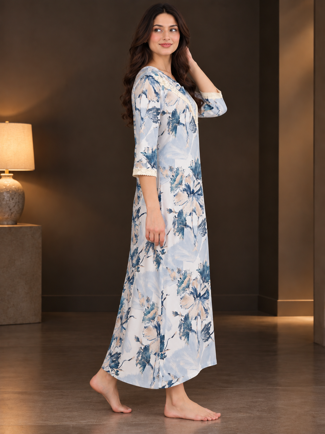 Blue Rayon Cotton Floral Dress | Claura