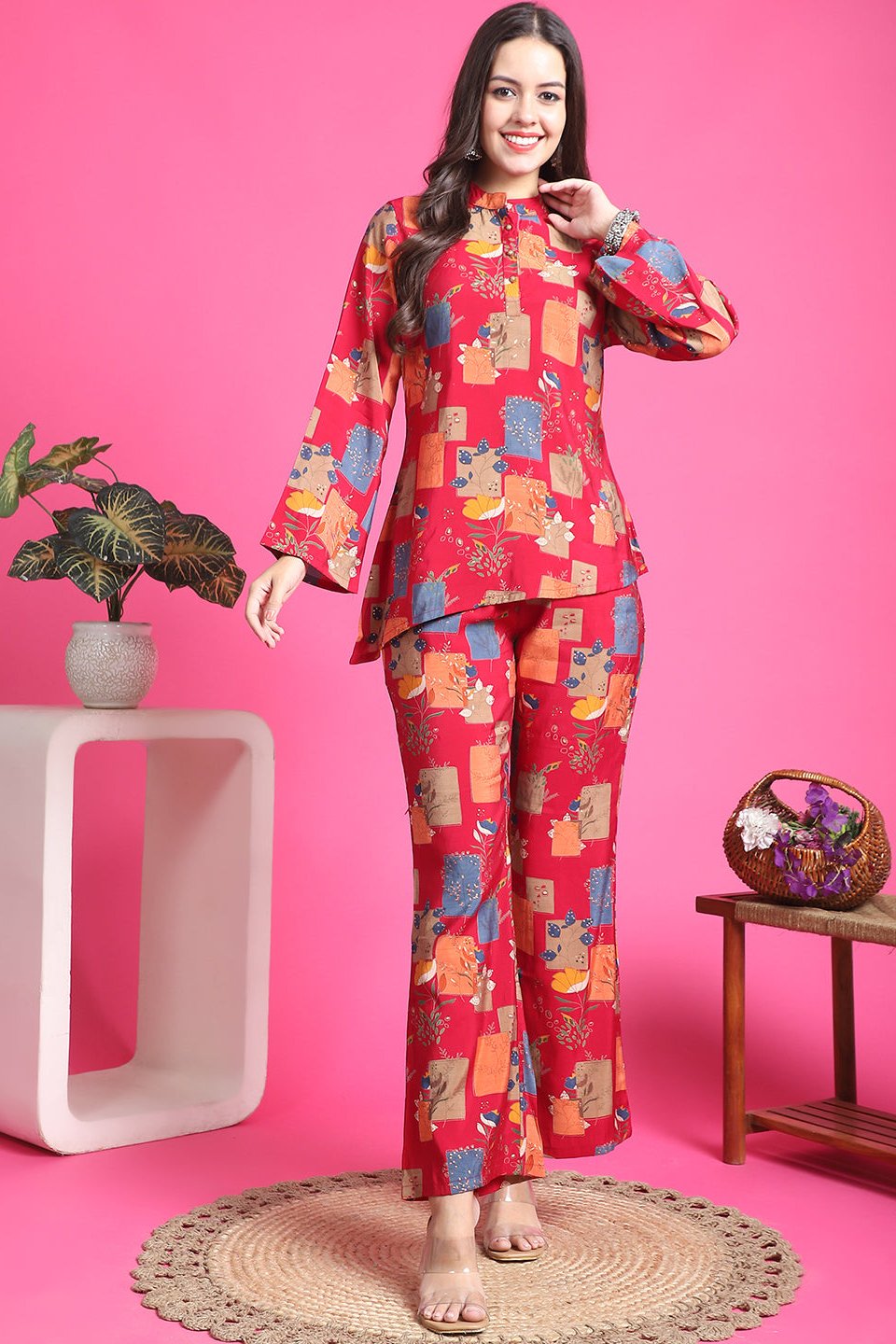 Magenta Color Abstract Printed Chanderi silk Co-ord Set