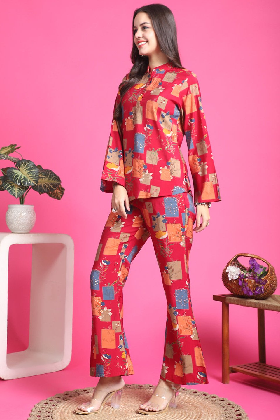 Magenta Color Abstract Printed Chanderi silk Co-ord Set