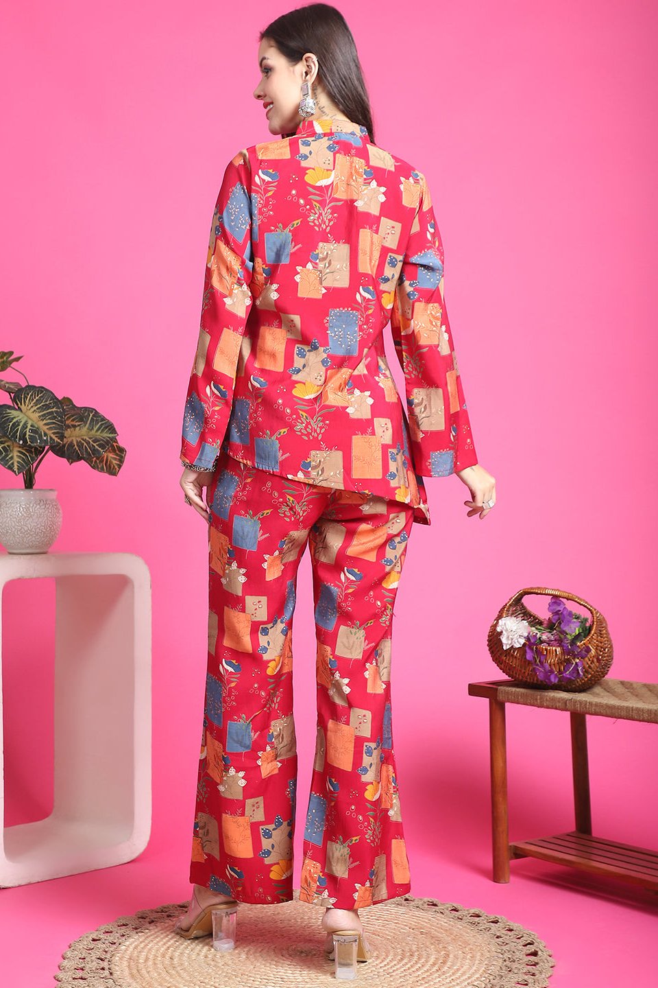 Magenta Color Abstract Printed Chanderi silk Co-ord Set