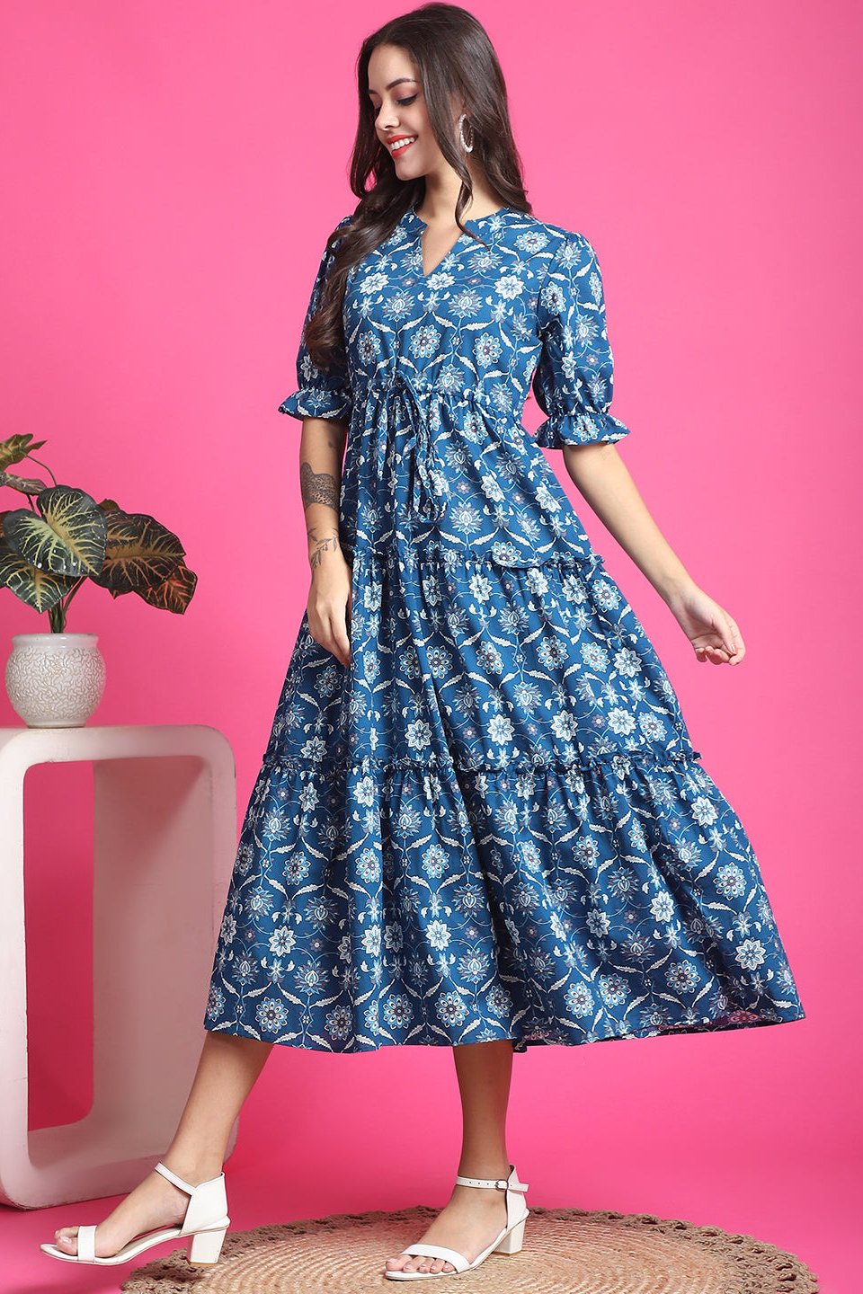 Blue Color Floral Printed Cotton Dress For Women