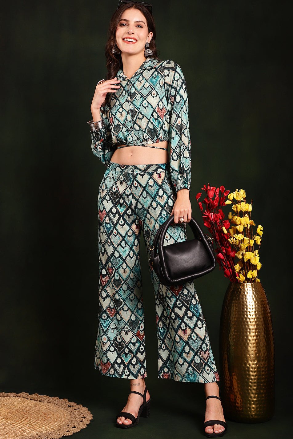 Green Color Abstract Printed Viscose Rayon Co-ord Set