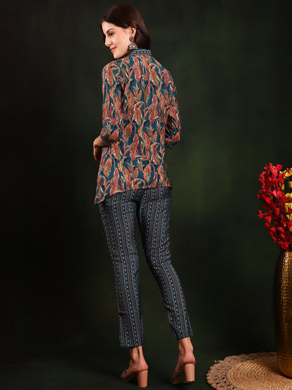 Green Floral Printed Premium Chanderi Tunic With Trousers Co-ord Set