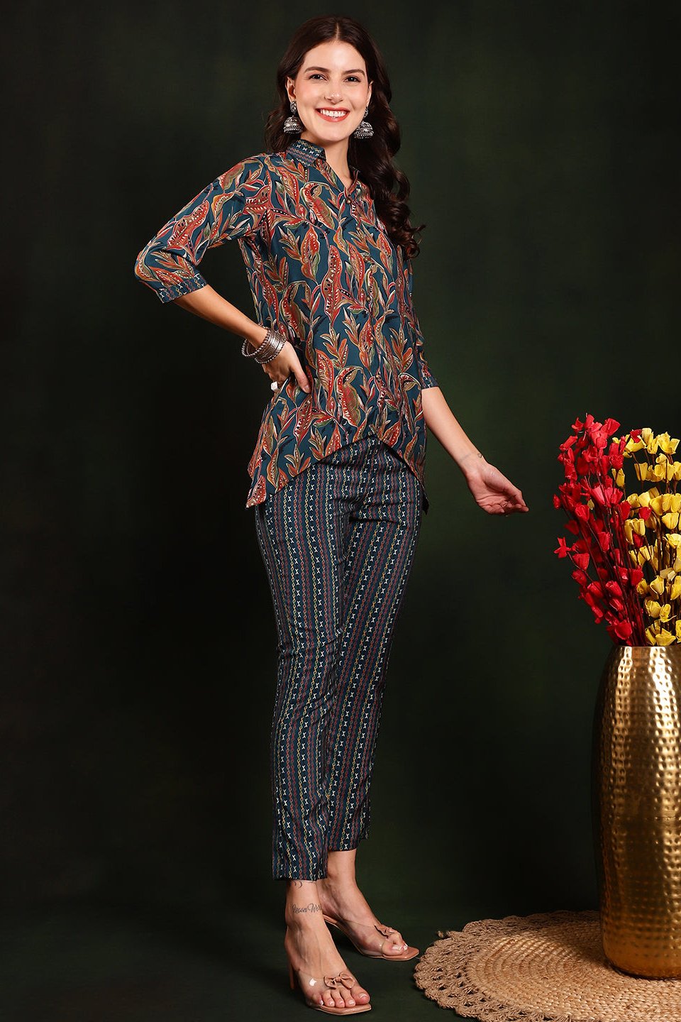 Green Floral Printed Premium Chanderi Tunic With Trousers Co-ord Set