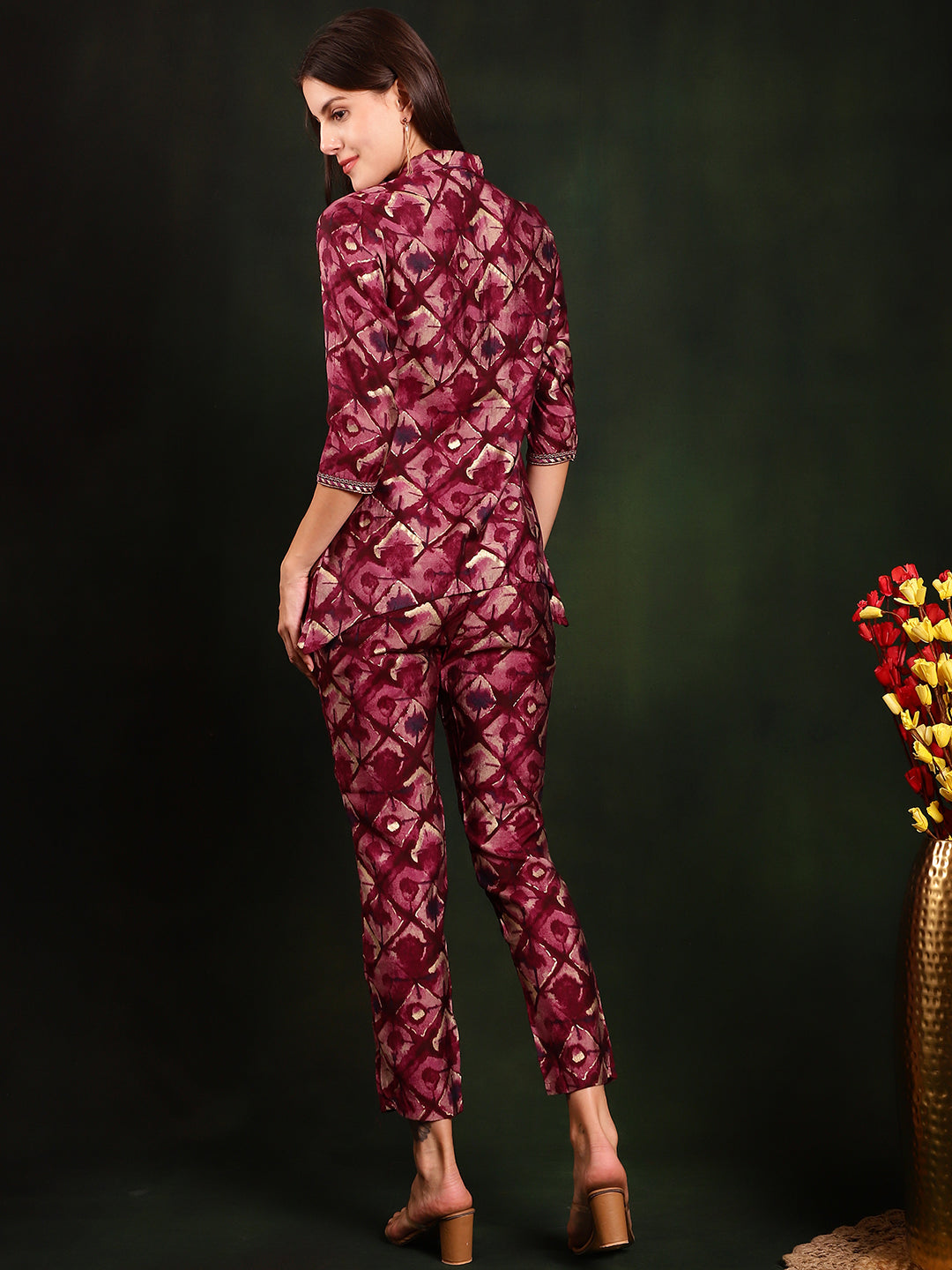 Purple Abstract Printed Premium Chanderi Tunic With Trousers Co-ord Set