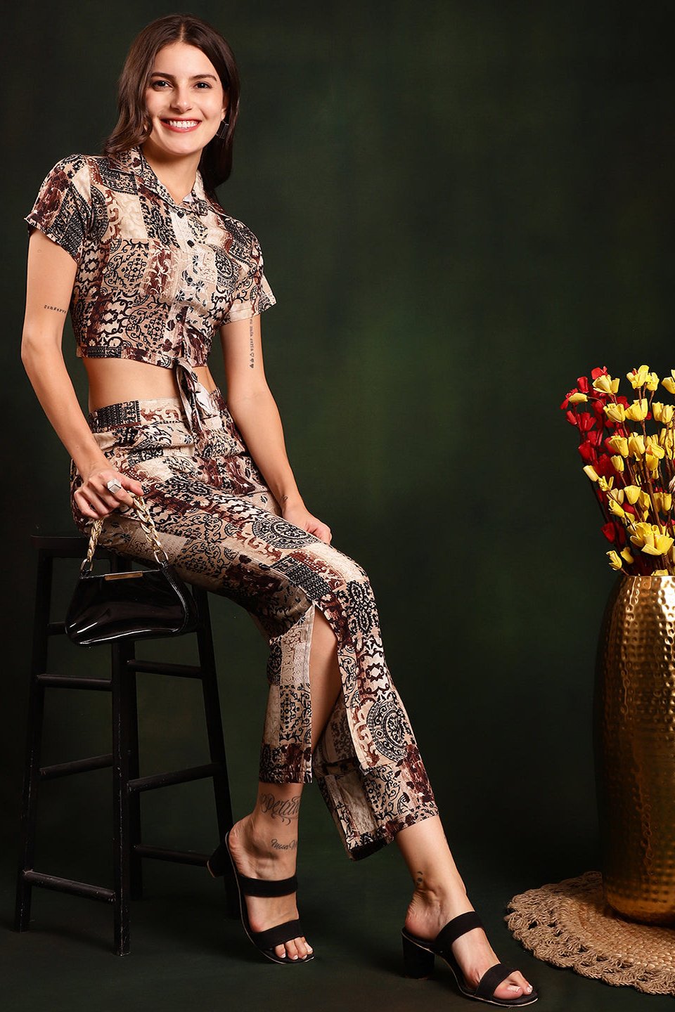 Brown Color Abstract Printed Viscose Rayon Co-ord Set