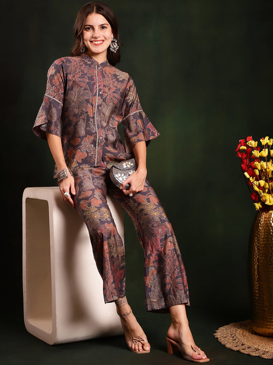 Grey Floral Printed Tunic With Trousers Co-Ords