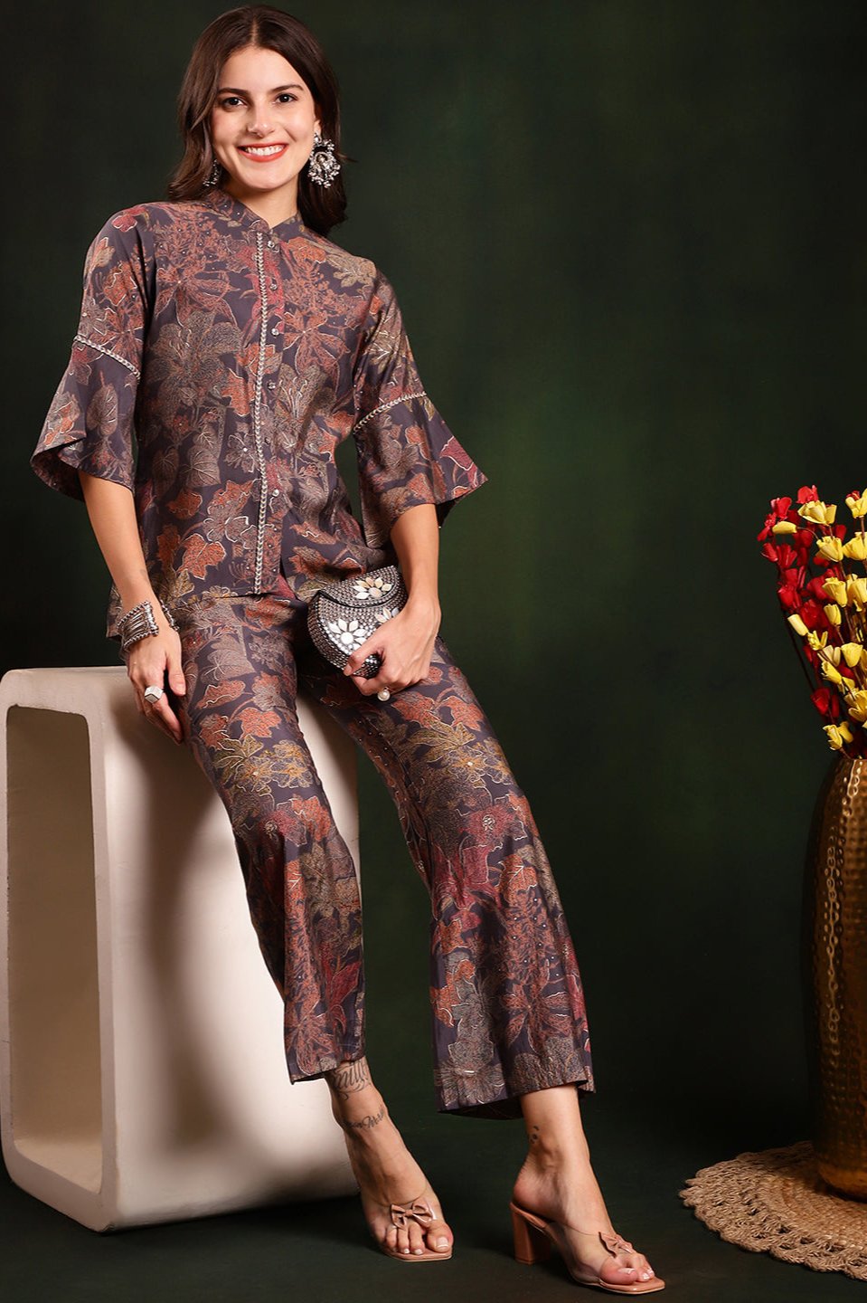 Grey Floral Printed Tunic With Trousers Co-Ords