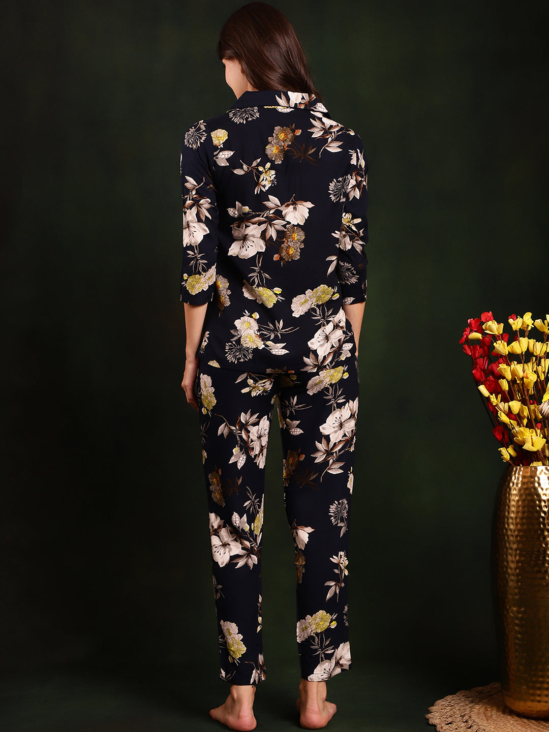 Navy Color Floral Printed Cotton Nightsuit For Women