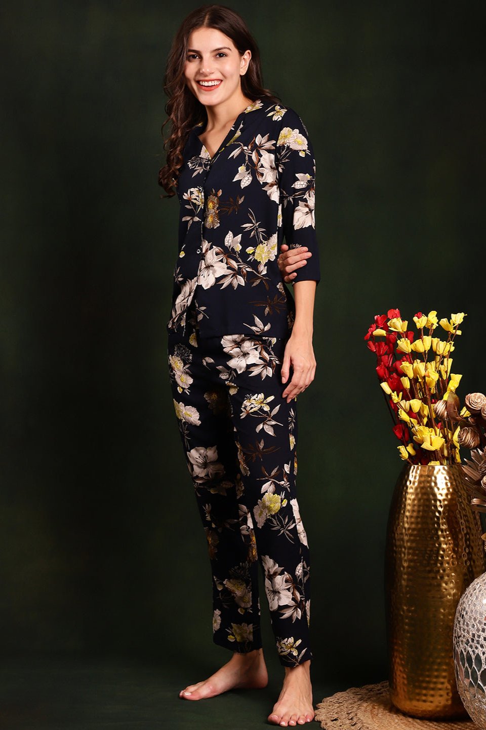 Navy Color Floral Printed Cotton Nightsuit For Women