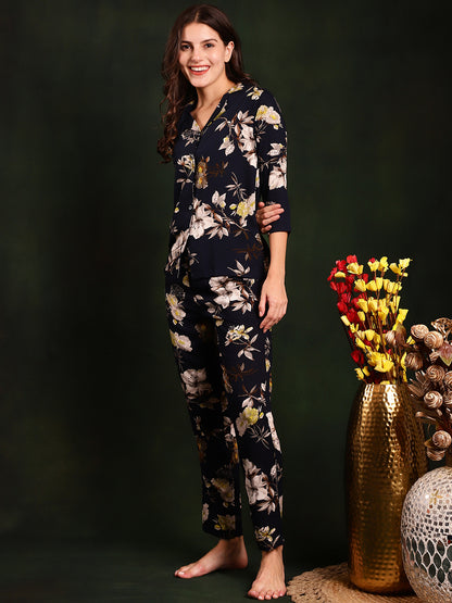 Navy Color Floral Printed Cotton Nightsuit For Women