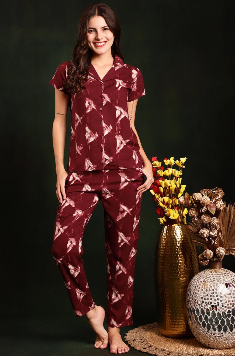  Maroon Tie and Dye Viscose Rayon Night Suit for Women by Claura