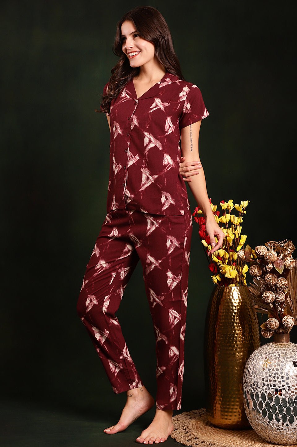  Maroon Tie and Dye Viscose Rayon Night Suit for Women by Claura