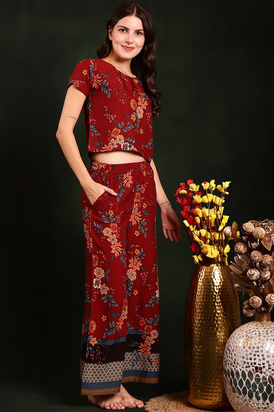 Maroon Colour Floral Printed Viscose Rayon Night Suit