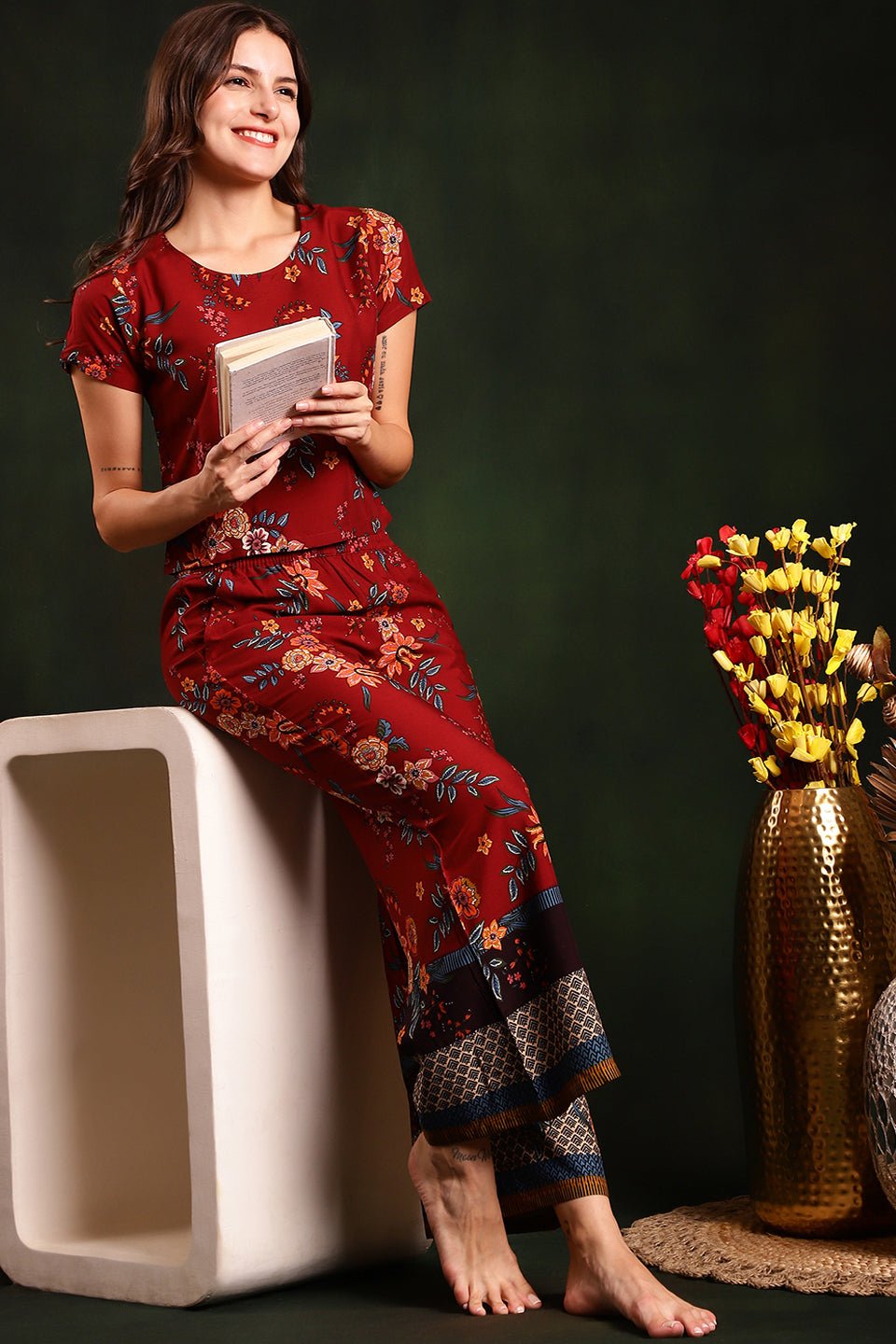 Maroon Colour Floral Printed Viscose Rayon Night Suit