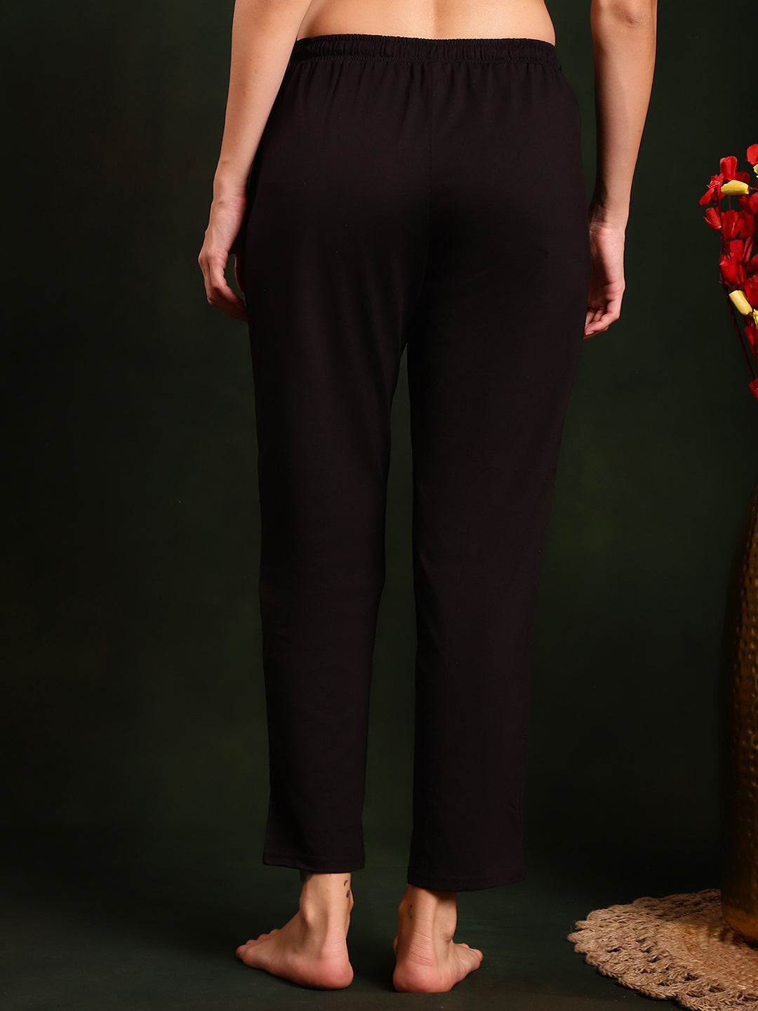 Black Color Solid Printed Lounge Pants For Women