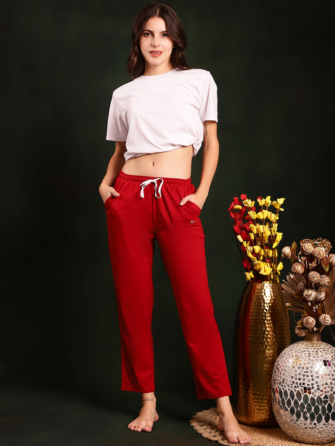 Red Solid Printed Cotton Lounge Pants