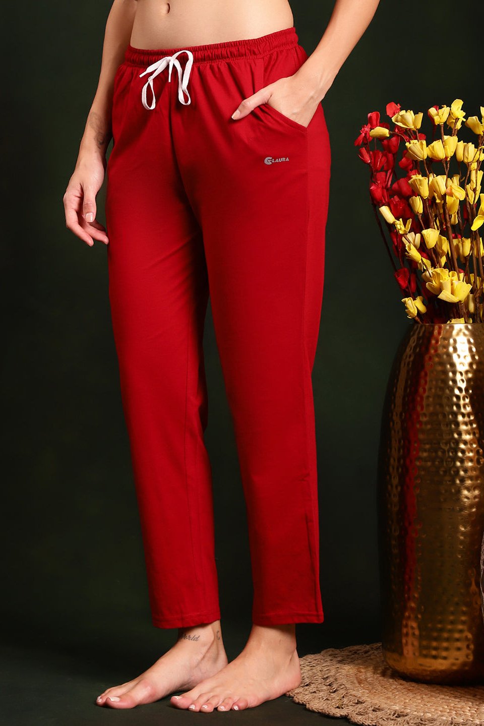 Red Solid Printed Cotton Lounge Pants