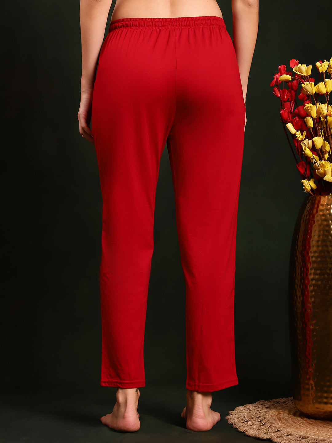 Red Solid Printed Cotton Lounge Pants