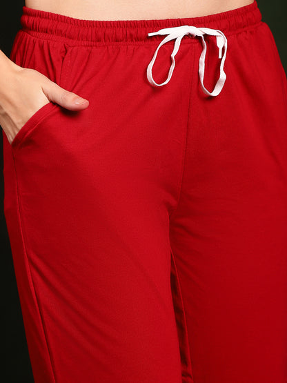 Red Solid Printed Cotton Lounge Pants
