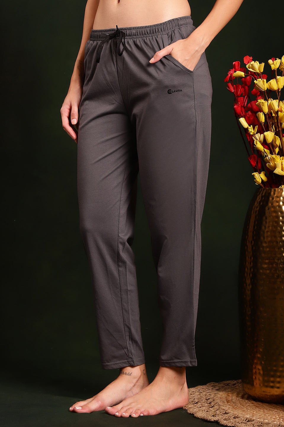 Grey Solid Printed Cotton Lounge Pants