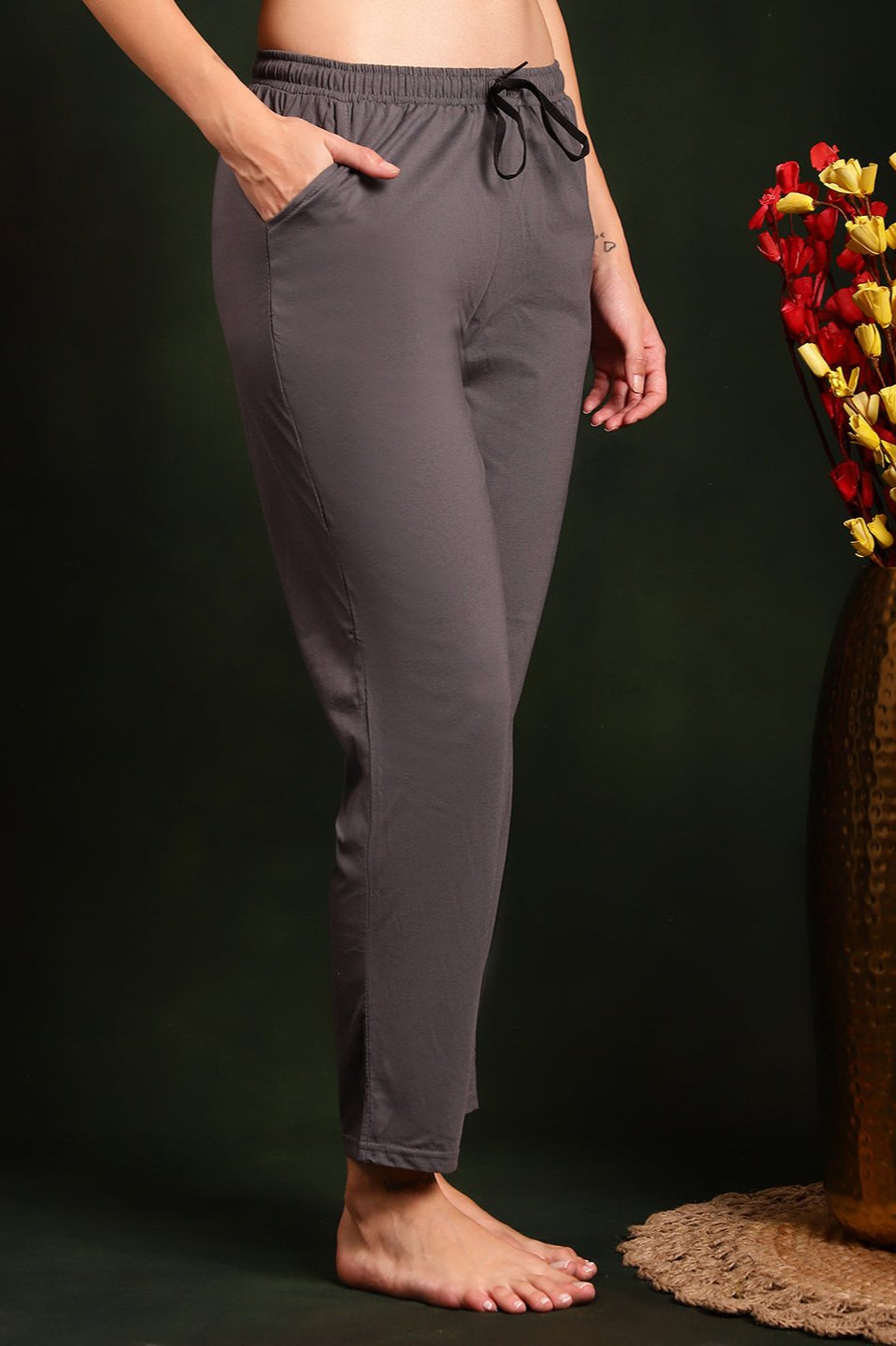 Grey Solid Printed Cotton Lounge Pants