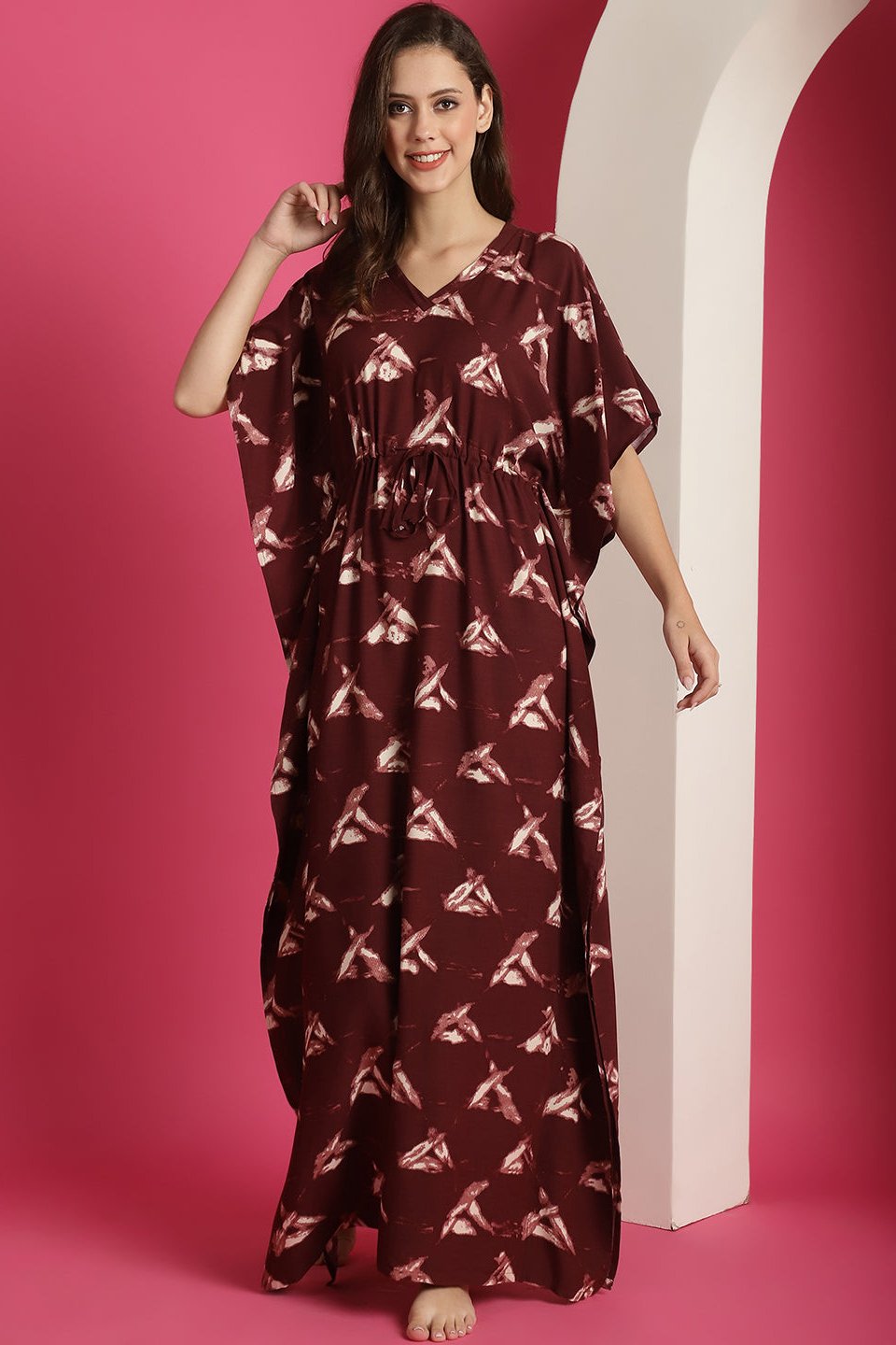 Maroon Colour Printed Viscose Rayon Maxi Kaftan Nightdress