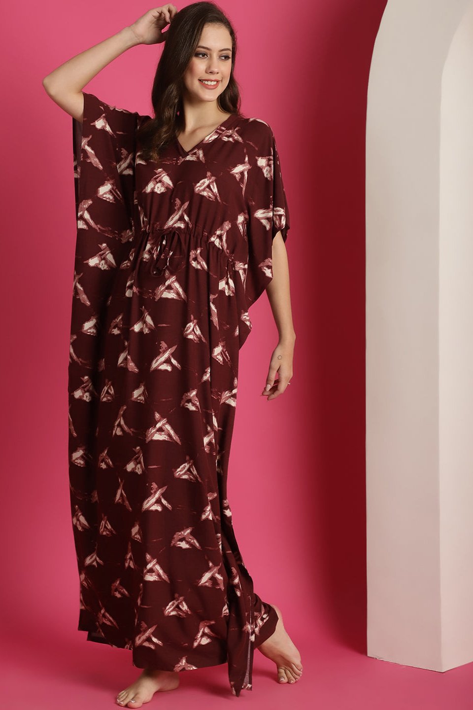 Maroon Colour Printed Viscose Rayon Maxi Kaftan Nightdress