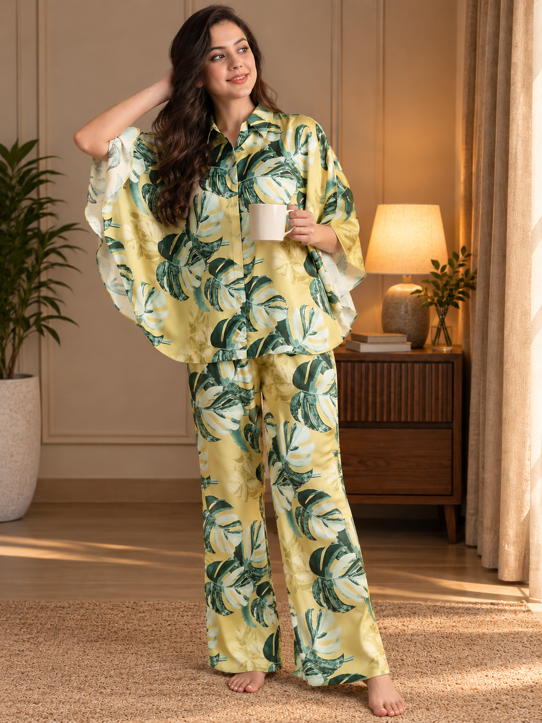 Yellow Floral Satin Night Suit for Women | Claura
