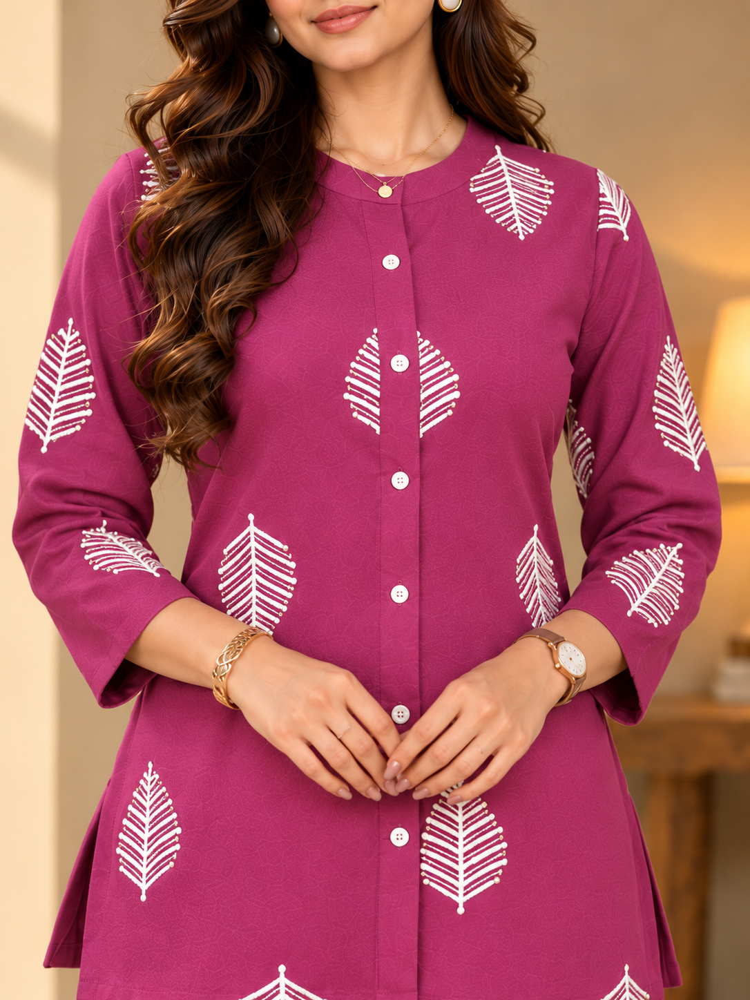 Purple Floral Embroidered Tunic with White Detailing & Palazzo Pants | Claura