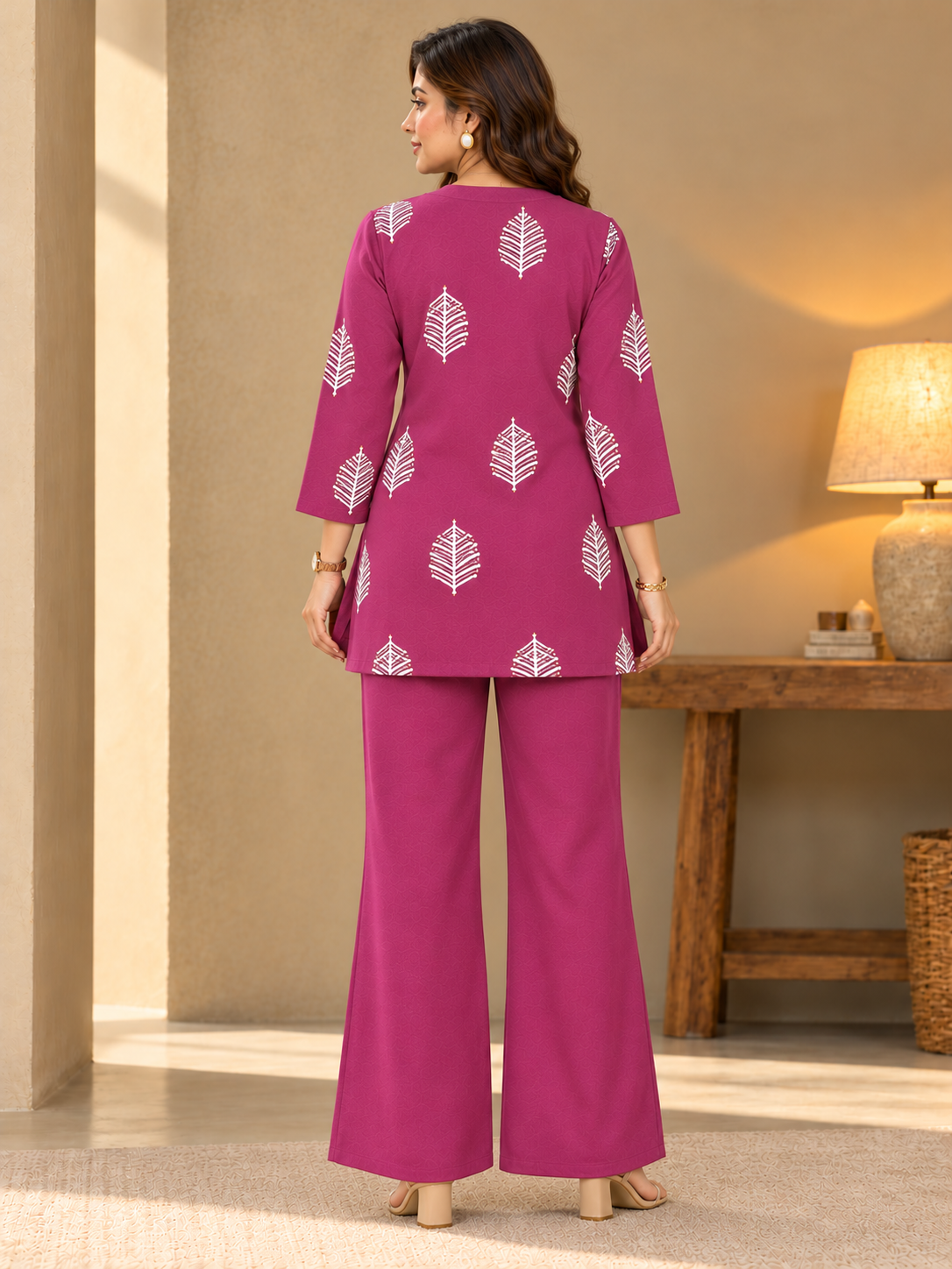 Purple Floral Embroidered Tunic with White Detailing & Palazzo Pants | Claura
