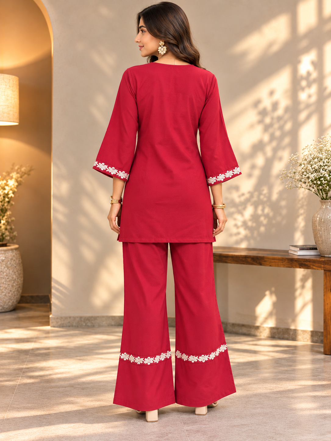 Red Crimson Floral Embroidered Tunic & Palazzo Set | Claura