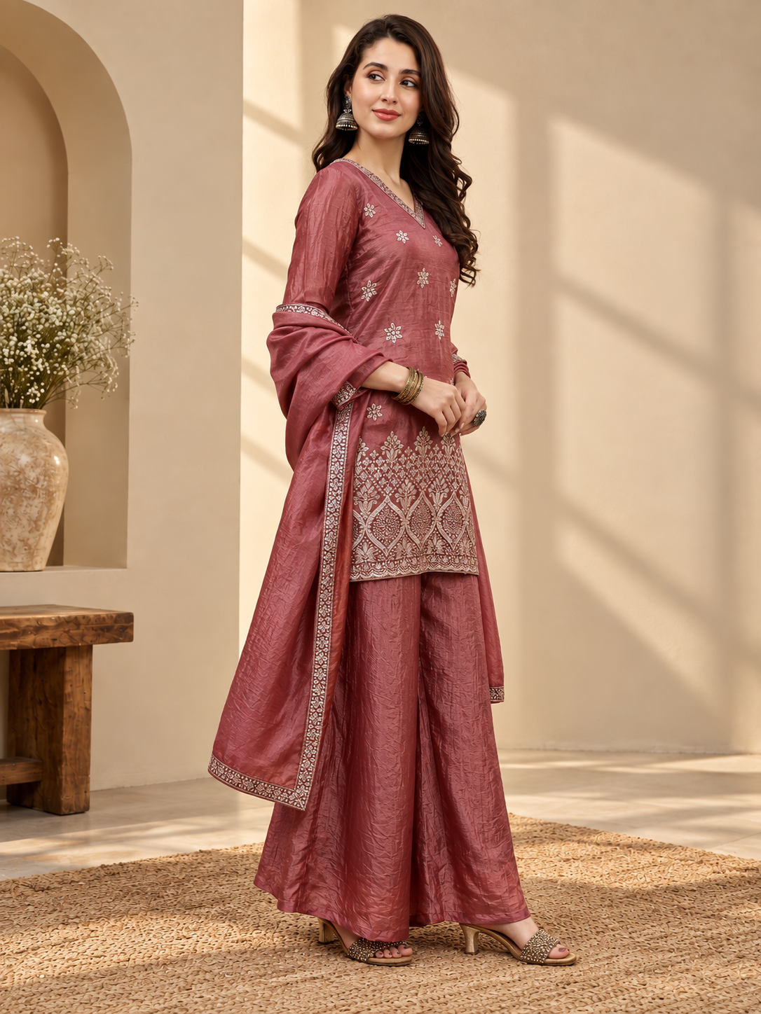 Burgundy Bloom Embroidered Silk Suit Set with Dupatta | Claura