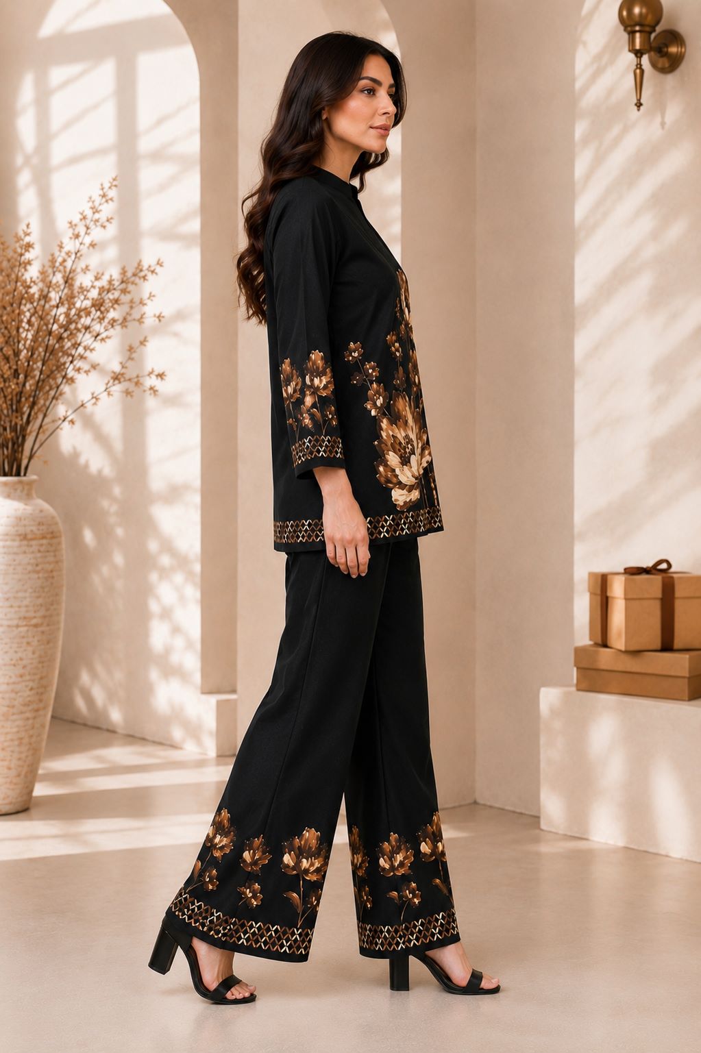 Black Floral Printed Rayon Co-Ord Set For Women | Claura