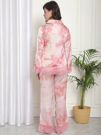 Pink Abstract Tie and Dye Silk Satin Night Suit