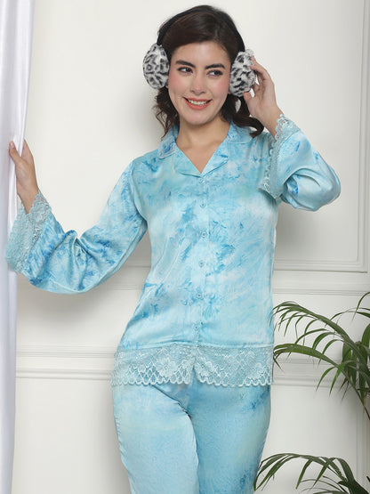 Blue Colour Tie and Dye Printed Satin Night suit
