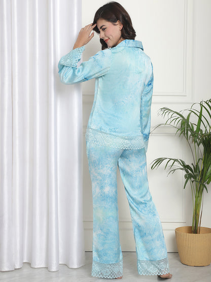 Blue Colour Tie and Dye Printed Satin Night suit